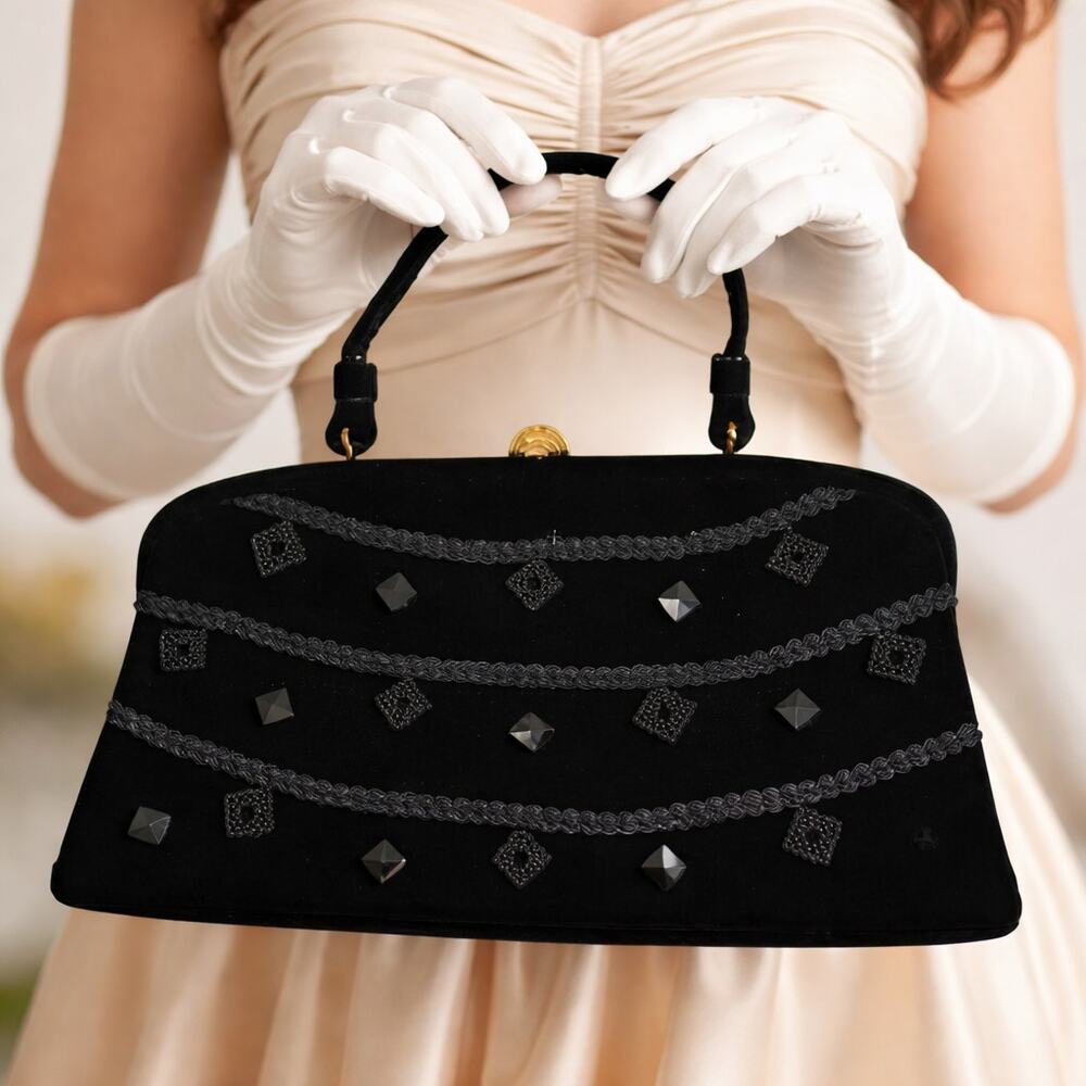 Vintage Soure Bag NY Black Beaded Velvet Frame Handbag Floral Clasp